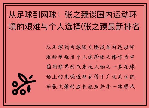 从足球到网球：张之臻谈国内运动环境的艰难与个人选择(张之臻最新排名)
