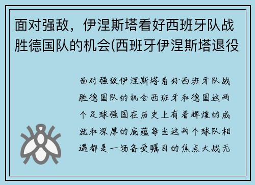 面对强敌，伊涅斯塔看好西班牙队战胜德国队的机会(西班牙伊涅斯塔退役了吗)