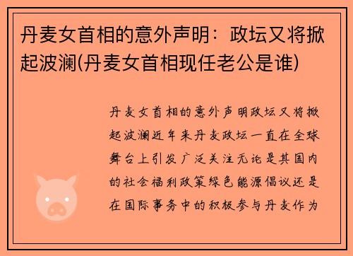 丹麦女首相的意外声明：政坛又将掀起波澜(丹麦女首相现任老公是谁)
