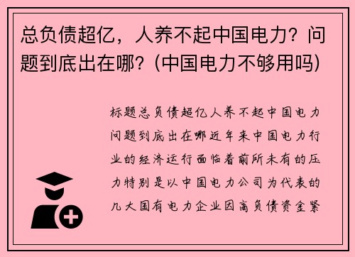 总负债超亿，人养不起中国电力？问题到底出在哪？(中国电力不够用吗)