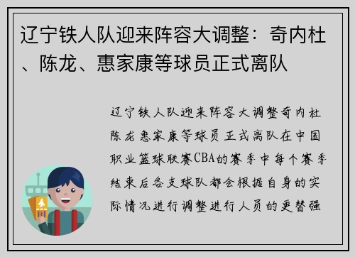 辽宁铁人队迎来阵容大调整：奇内杜、陈龙、惠家康等球员正式离队