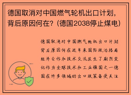 德国取消对中国燃气轮机出口计划，背后原因何在？(德国2038停止煤电)