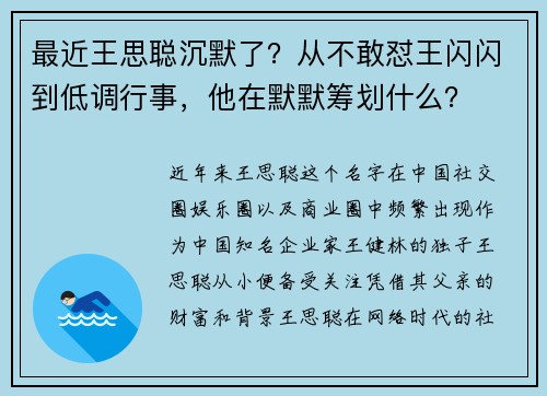 最近王思聪沉默了？从不敢怼王闪闪到低调行事，他在默默筹划什么？