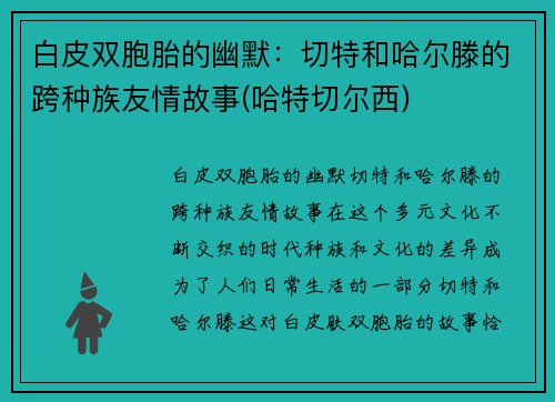 白皮双胞胎的幽默：切特和哈尔滕的跨种族友情故事(哈特切尔西)
