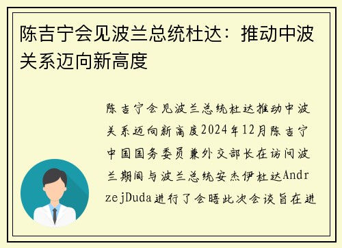 陈吉宁会见波兰总统杜达：推动中波关系迈向新高度