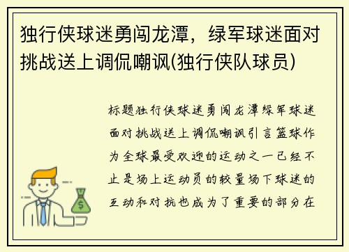 独行侠球迷勇闯龙潭，绿军球迷面对挑战送上调侃嘲讽(独行侠队球员)